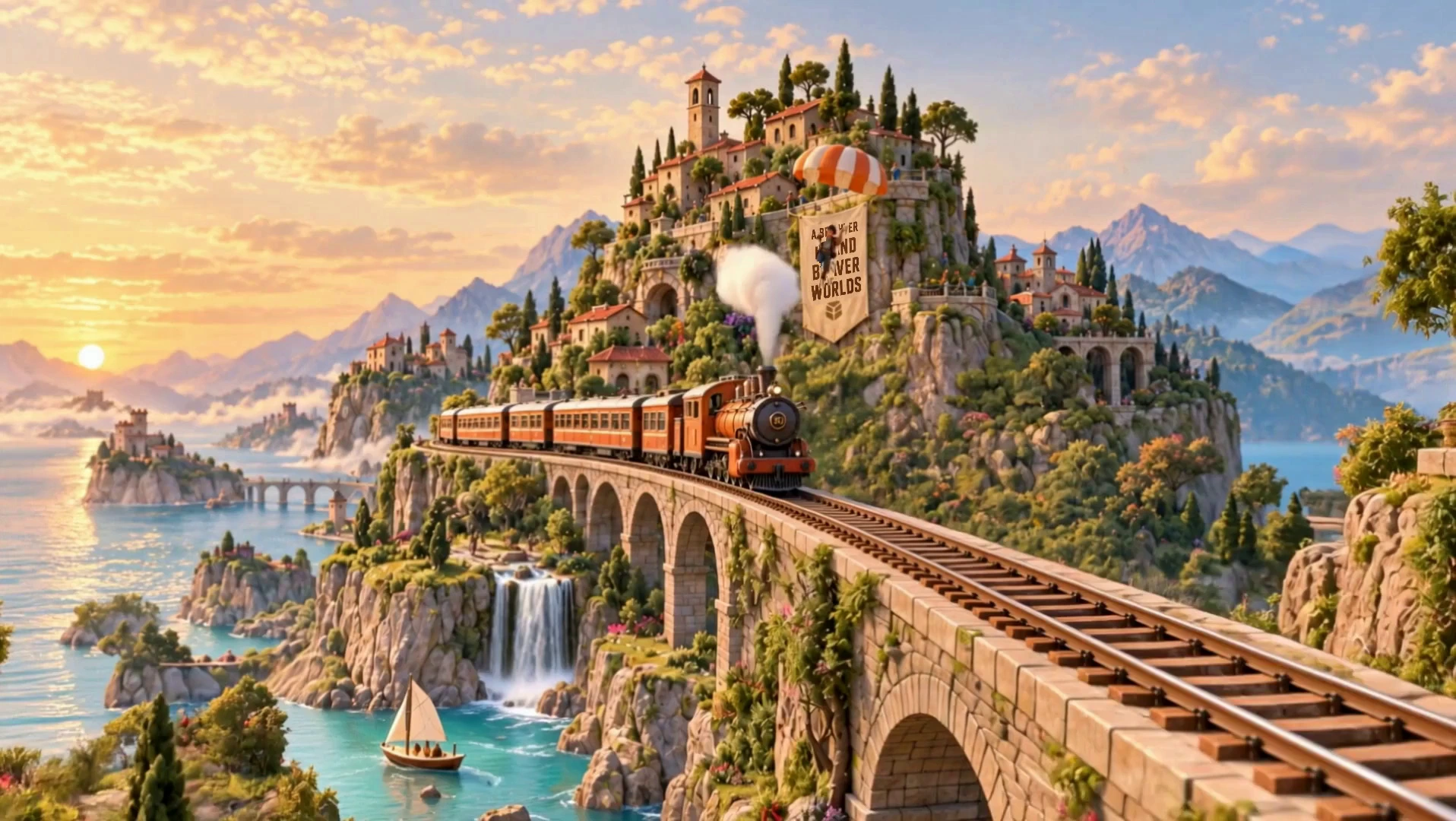 A detailed orange train on a stone viaduct above a lush miniature world.